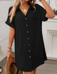 Unilexi Womens V - Neck Mini Shirt Dress Casual Button Down Short Sleeve Sundress for Women(0294 - Black - L) - 7DAY'S