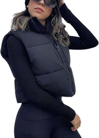 Unilexi Womens Warm Retro Padded Cropped Vest Stand Collar Puffer Short Vest Sleeveless Coat - 7DAY'S