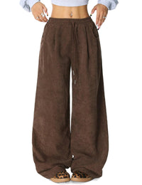 Unilexi Womens Wide - Leg Corduroy Pants with Drawstring Elastic Waist Casual Palazzo Pants Loose Fit - 7DAY'S