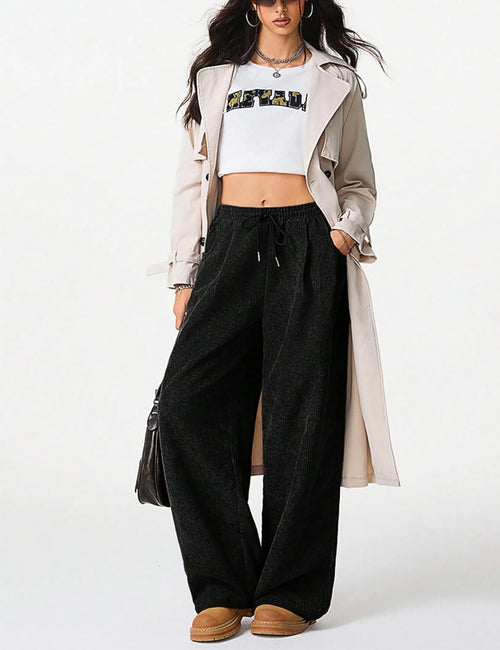 Unilexi Womens Wide - Leg Corduroy Pants with Drawstring Elastic Waist Casual Palazzo Pants Loose Fit - 7DAY'S