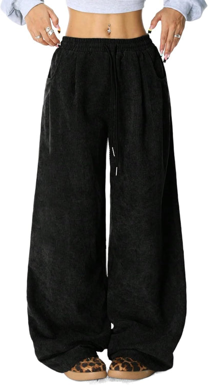 Unilexi Womens Wide - Leg Corduroy Pants with Drawstring Elastic Waist Casual Palazzo Pants Loose Fit - 7DAY'S