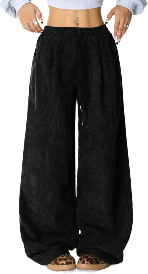 Unilexi Womens Wide-Leg Corduroy Pants with Drawstring Elastic Waist Casual Palazzo Pants Loose Fit