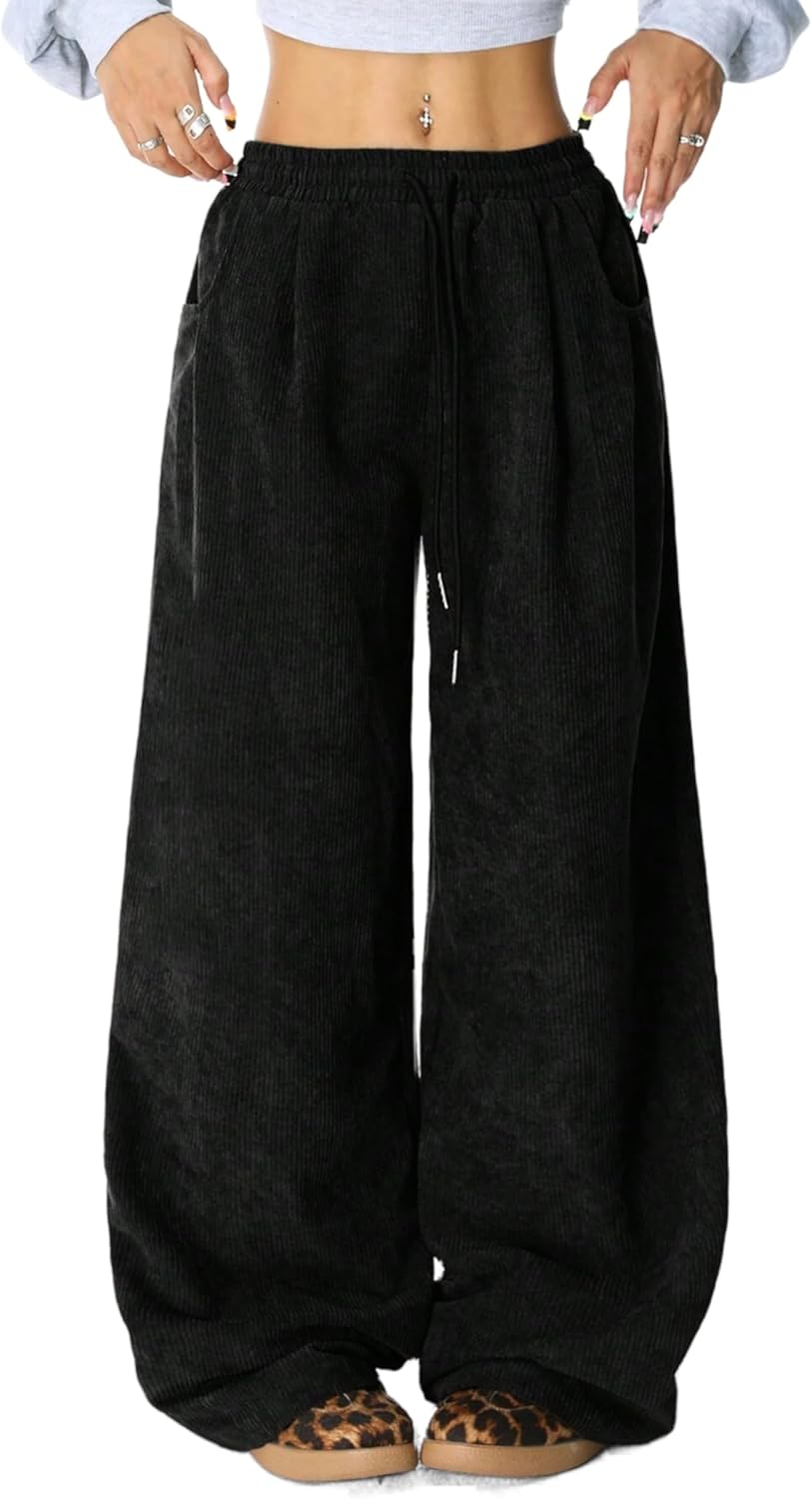 Unilexi Womens Wide - Leg Corduroy Pants with Drawstring Elastic Waist Casual Palazzo Pants Loose Fit - 7DAY'S