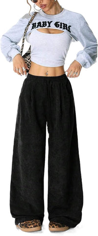 Unilexi Womens Wide - Leg Corduroy Pants with Drawstring Elastic Waist Casual Palazzo Pants Loose Fit - 7DAY'S