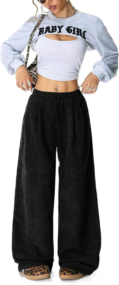 Unilexi Womens Wide - Leg Corduroy Pants with Drawstring Elastic Waist Casual Palazzo Pants Loose Fit - 7DAY'S
