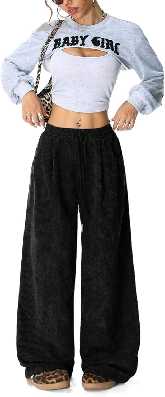 Unilexi Womens Wide - Leg Corduroy Pants with Drawstring Elastic Waist Casual Palazzo Pants Loose Fit - 7DAY'S