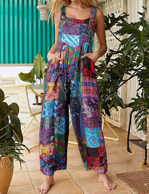 Unilexi Women's Wide Leg Cotton Jumpsuits Boho Floral Print Casual Bib Overalls with Pockets - 7DAY'S