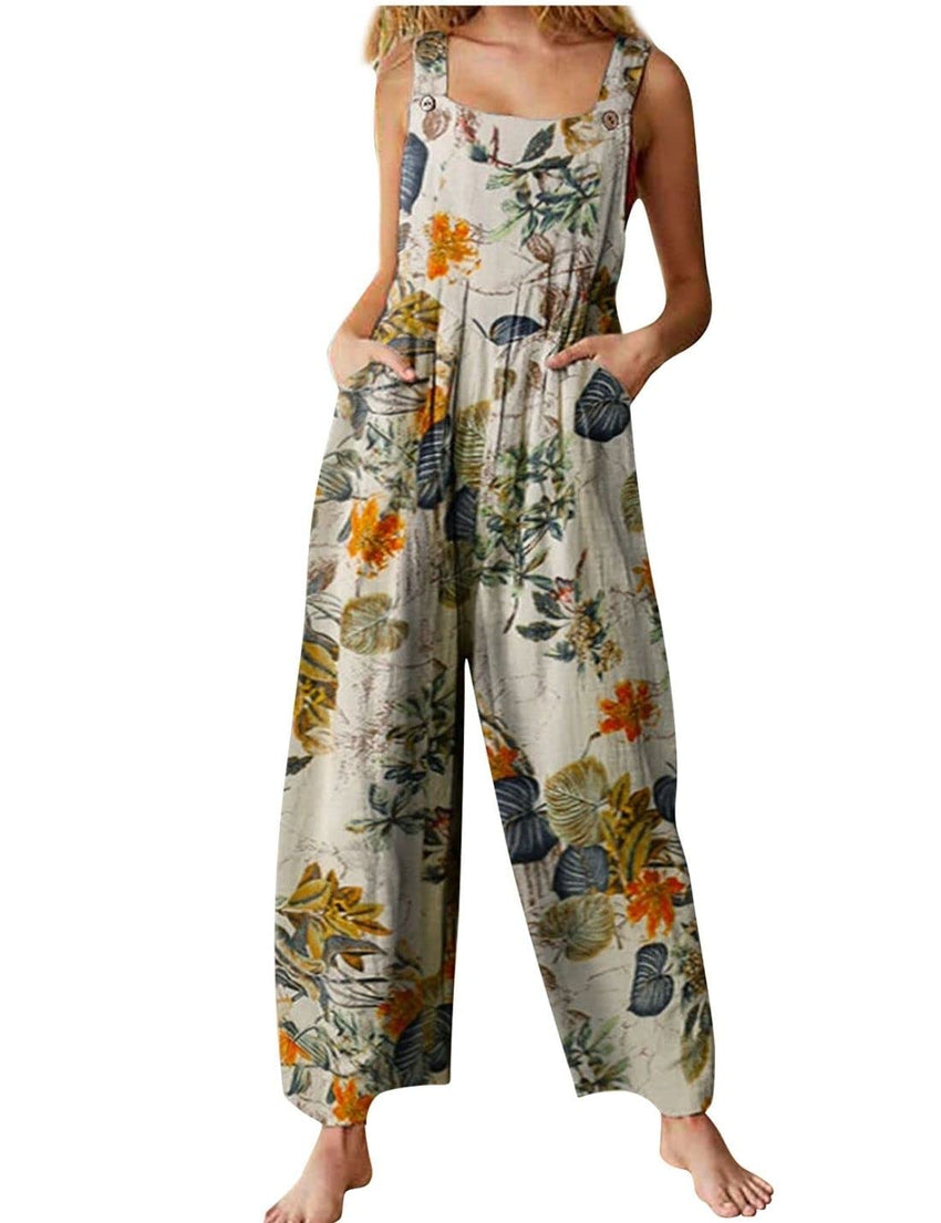 Unilexi Women's Wide Leg Cotton Jumpsuits Boho Floral Print Casual Bib Overalls with Pockets - 7DAY'S