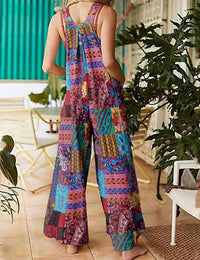 Unilexi Women's Wide Leg Cotton Jumpsuits Boho Floral Print Casual Bib Overalls with Pockets - 7DAY'S