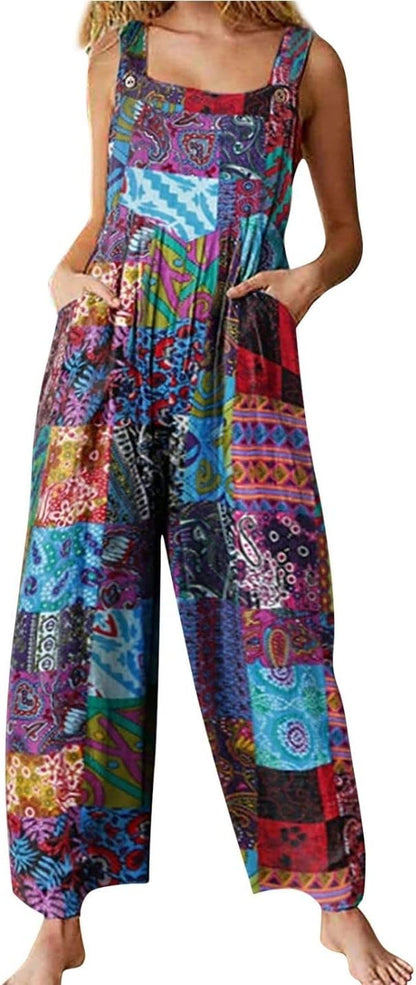 Unilexi Women's Wide Leg Cotton Jumpsuits Boho Floral Print Casual Bib Overalls with Pockets - 7DAY'S