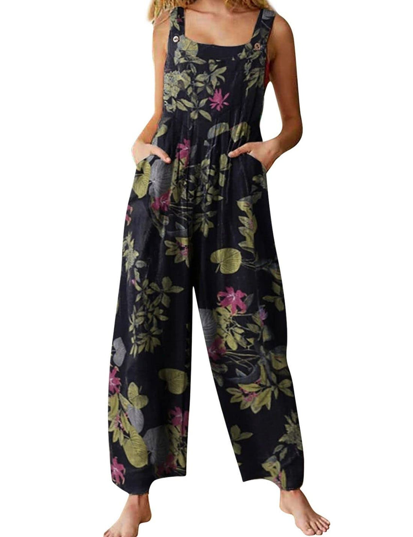 Unilexi Women's Wide Leg Cotton Jumpsuits Boho Floral Print Casual Bib Overalls with Pockets - 7DAY'S