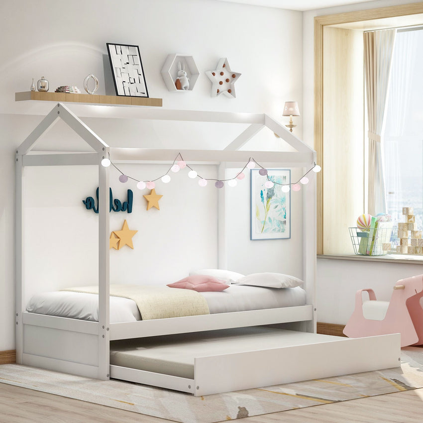 Unique House Bed with Trundle, Customizable Design, Charming White - 7DAY'S