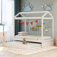 Unique House Bed with Trundle, Customizable Design, Charming White - 7DAY'S
