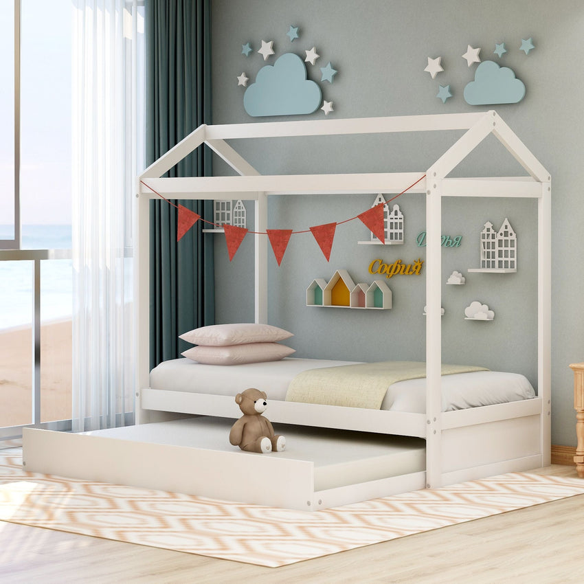 Unique House Bed with Trundle, Customizable Design, Charming White - 7DAY'S