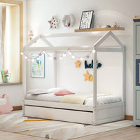 Unique House Bed with Trundle, Customizable Design, Charming White - 7DAY'S