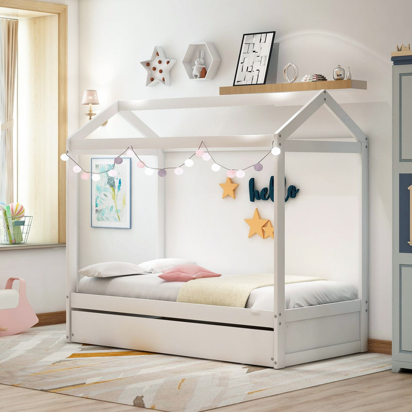 Unique House Bed with Trundle, Customizable Design, Charming White - 7DAY'S