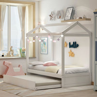 Unique House Bed with Trundle, Customizable Design, Charming White - 7DAY'S