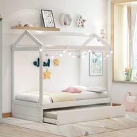 Unique House Bed with Trundle, Customizable Design, Charming White - 7DAY'S