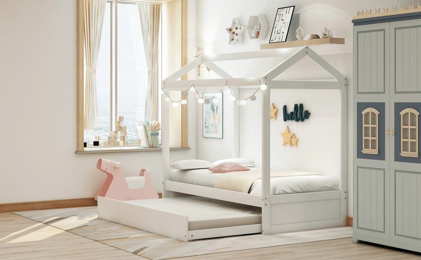 Unique House Bed with Trundle, Customizable Design, Charming White - 7DAY'S