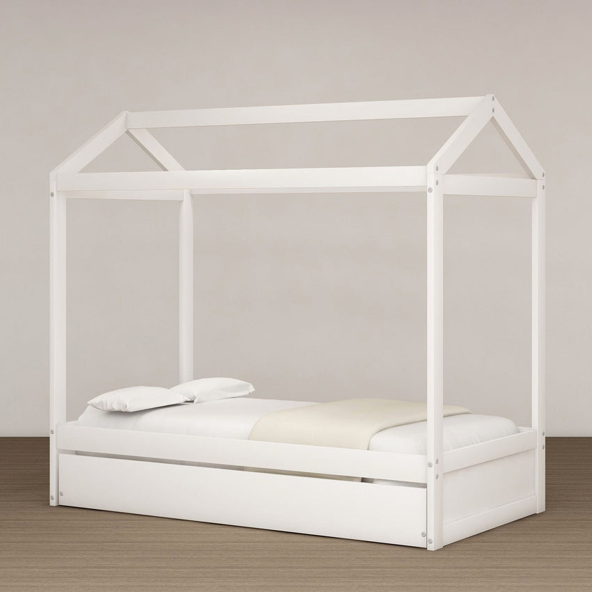 Unique House Bed with Trundle, Customizable Design, Charming White - 7DAY'S