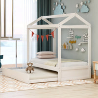 Unique House Bed with Trundle, Customizable Design, Charming White - 7DAY'S