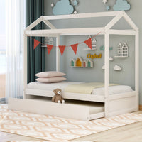 Unique House Bed with Trundle, Customizable Design, Charming White - 7DAY'S