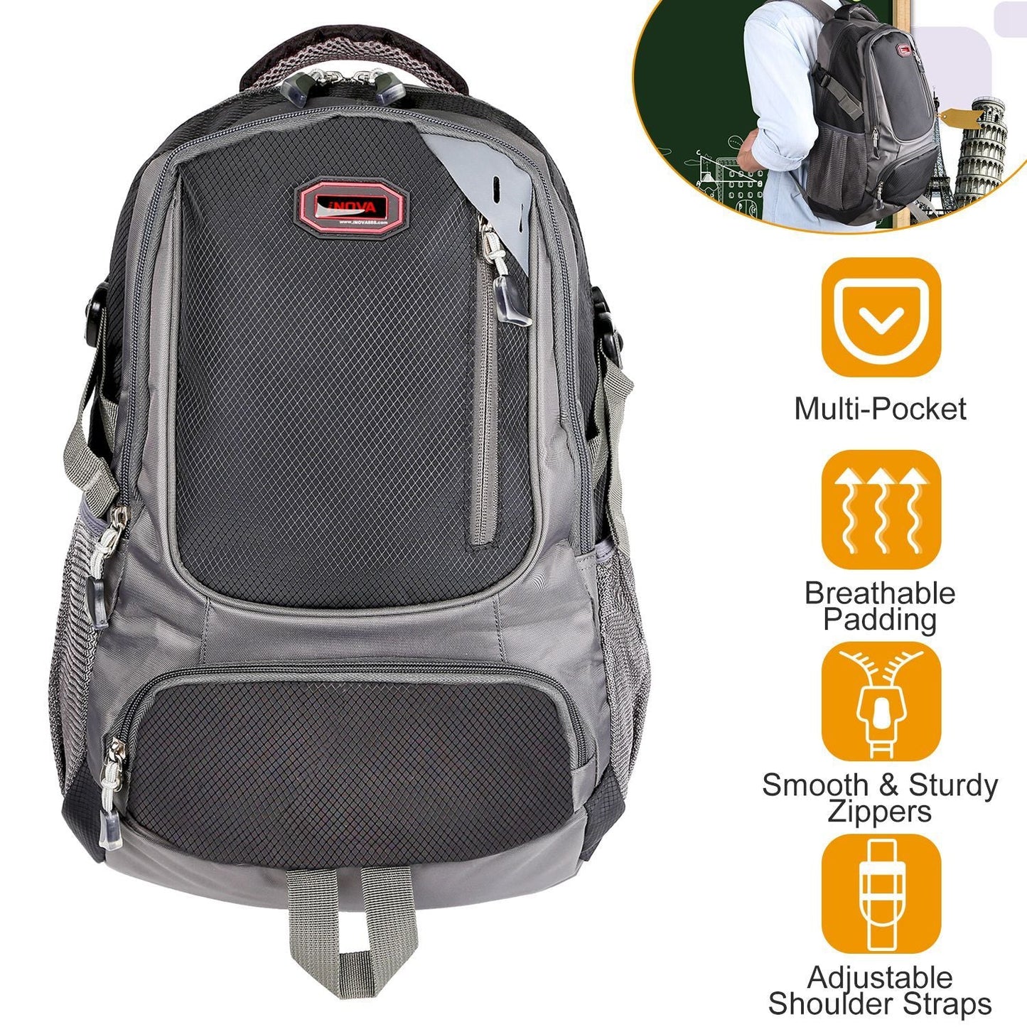 Unisex School Backpack Casual Travel Shoulder Bag W/ Adjustable Straps Dual - Water Bottle Pouch - 7DAY'S