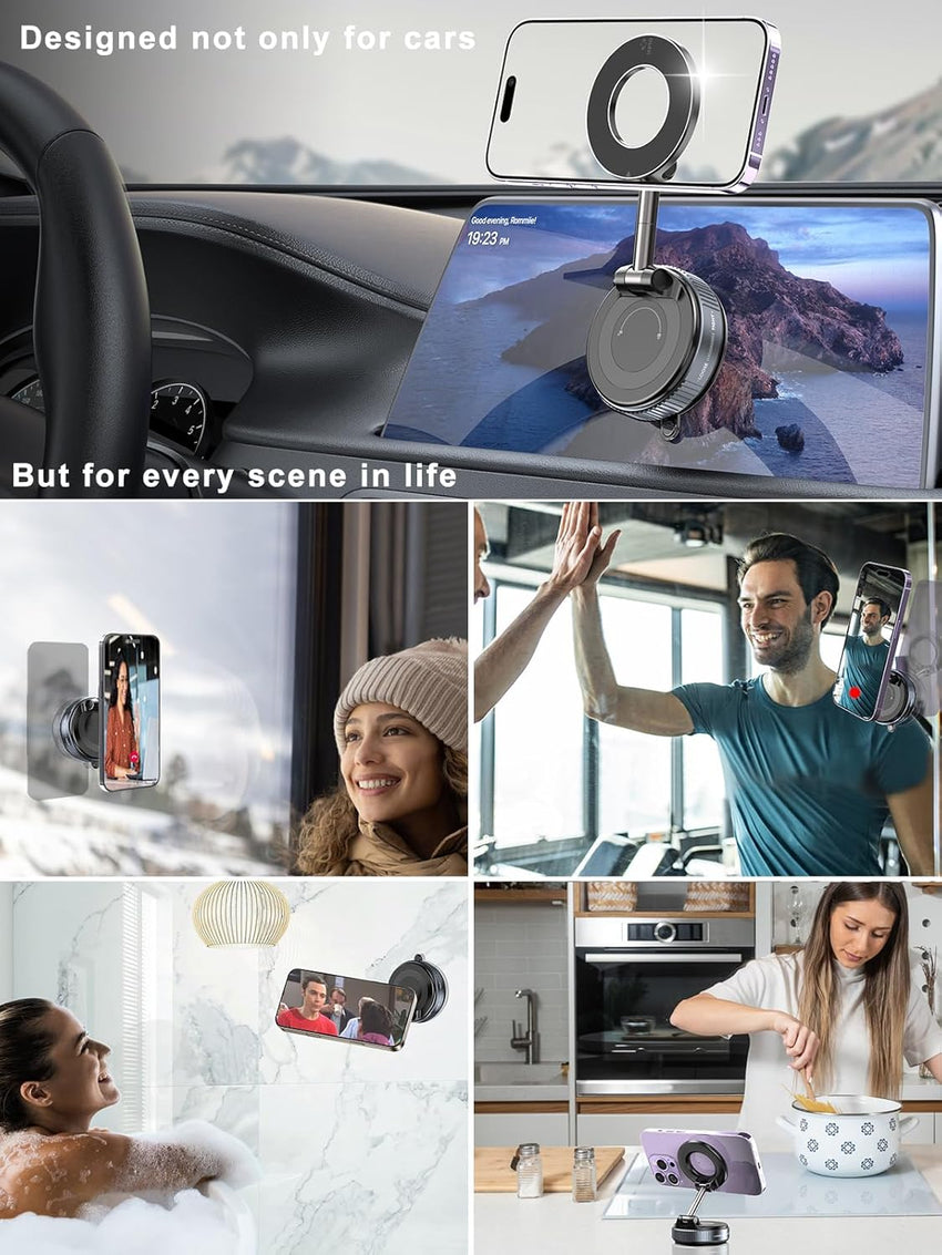 Upgraded 360° Vacuum Magnetic Phone Holder & Solar Smart Car Air Freshener with Auto On/Off, Aluminum Alloy Body,3 Adjustable Concentration Black - 7DAY'S