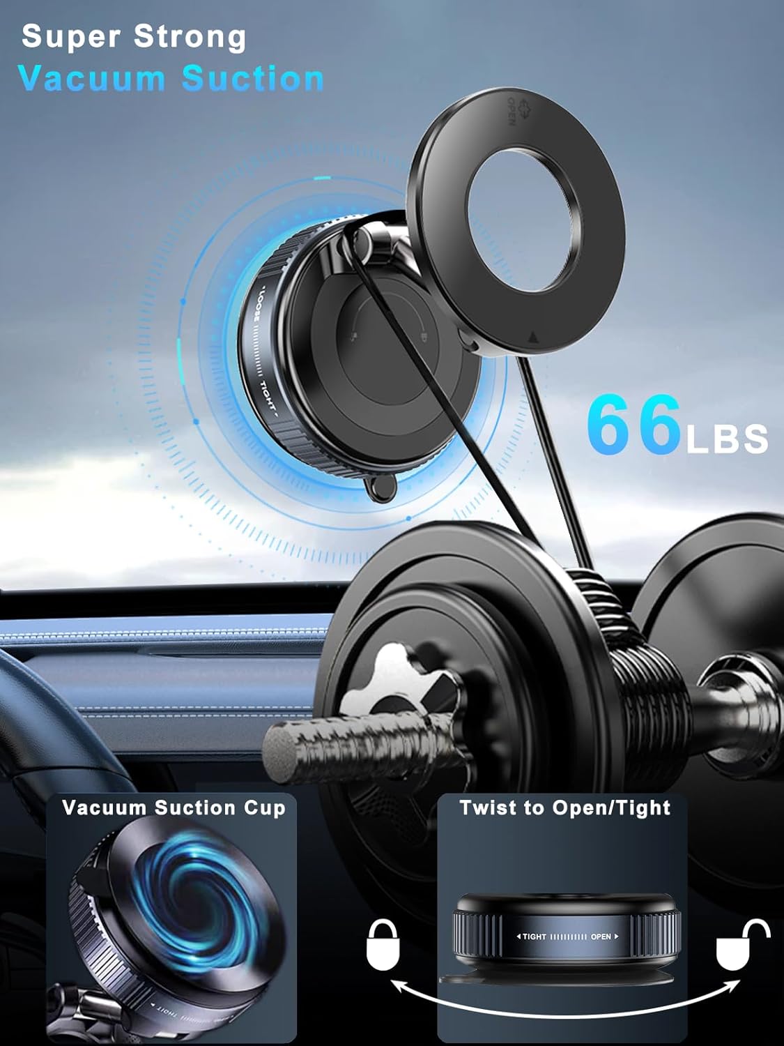 Upgraded 360° Vacuum Magnetic Phone Holder & Solar Smart Car Air Freshener with Auto On/Off, Aluminum Alloy Body,3 Adjustable Concentration Black - 7DAY'S