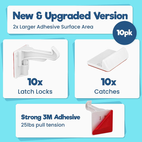 Upgraded Invisible Baby Proofing Cabinet Latch Locks (10 Pack) - No Drilling or Tools Required for Installation, Works with Most Cabinets and Drawers, Works with Countertop Overhangs, Highly Secure - 7DAY'S