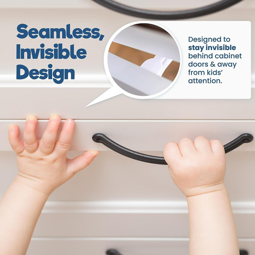 Upgraded Invisible Baby Proofing Cabinet Latch Locks (10 Pack) - No Drilling or Tools Required for Installation, Works with Most Cabinets and Drawers, Works with Countertop Overhangs, Highly Secure - 7DAY'S