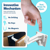 Upgraded Invisible Baby Proofing Cabinet Latch Locks (10 Pack) - No Drilling or Tools Required for Installation, Works with Most Cabinets and Drawers, Works with Countertop Overhangs, Highly Secure - 7DAY'S