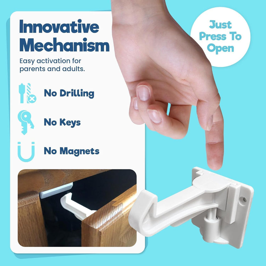 Upgraded Invisible Baby Proofing Cabinet Latch Locks (10 Pack) - No Drilling or Tools Required for Installation, Works with Most Cabinets and Drawers, Works with Countertop Overhangs, Highly Secure - 7DAY'S