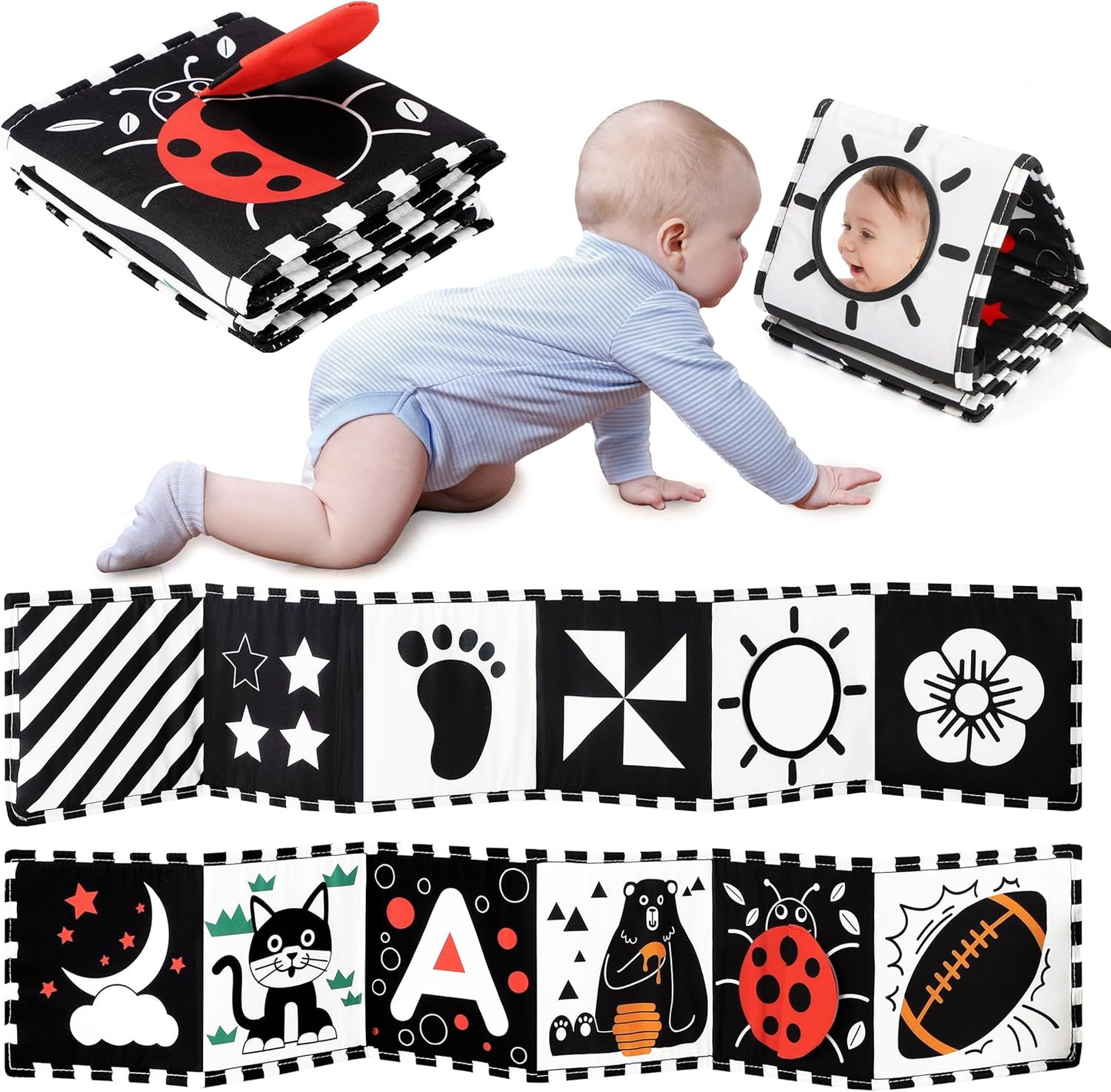 URMYWO Black and White Baby Toys, Tummy Time High Contrast Newborn Toys 0 - 3 Months, Soft Baby Book, Visual Stimulation Montessori Sensory Infant Toys 0 - 6 - 12 Months, Shower Gift for Boys Girls - 7DAY'S