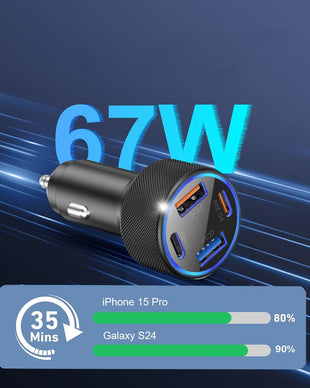 USB C Car Charger Adapter, 4 - Port 67W Dual USB - C & USB - A Car Power Adapter PD/QC Fast Charging Cigarette Lighter USB Charger for iPhone 16/15/14/13/12/11/Pro Max, Galaxy, Android,Gift for Men Women - 7DAY'S