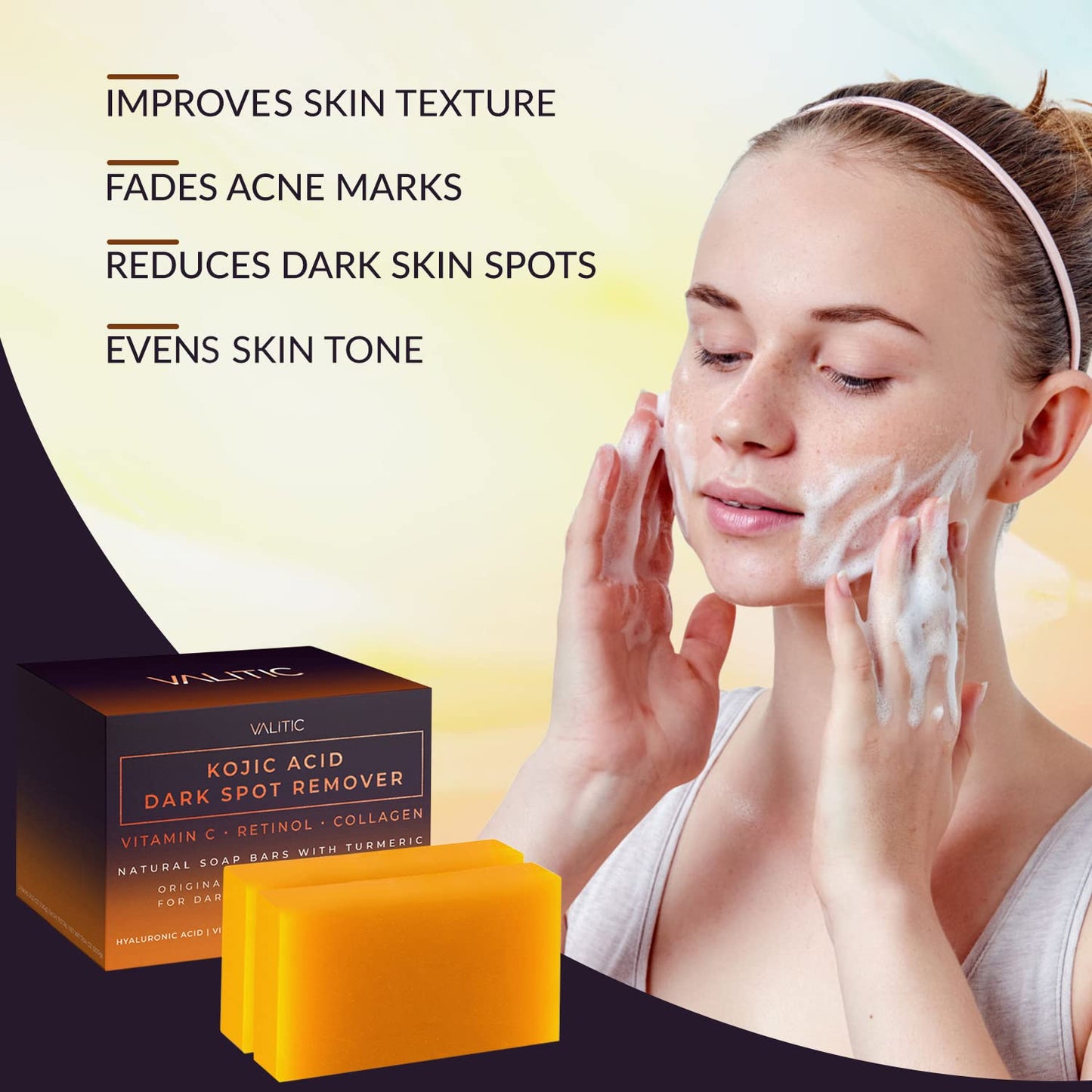 VALITIC Kojic Acid Dark Spot Remover Soap Bars with Vitamin C, Retinol, Collagen, Turmeric - Original Japanese Complex Infused with Hyaluronic Acid, Vitamin E, Shea Butter, Castile Olive Oil (2 Pack) - 7DAY'S