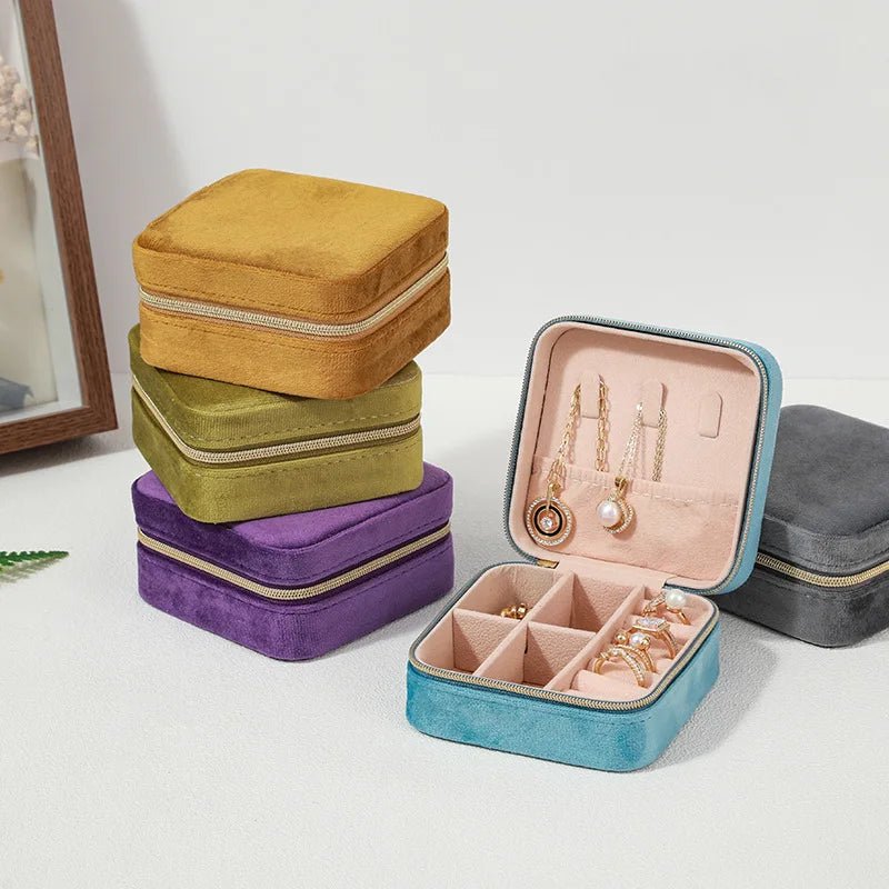 Velvet Jewelry Box For Women Necklace Ring Earrings Organizer Holder Travel Portable Zipper Square Jewelry Storage Case - 7DAY'S