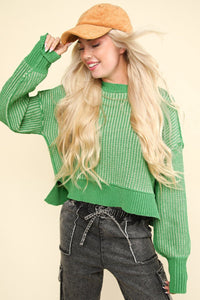 VERY J Exposed Seam Cropped Striped Slit Sweater - 7DAY'S