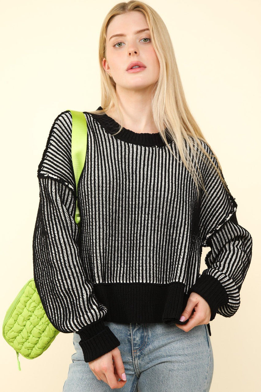 VERY J Exposed Seam Cropped Striped Slit Sweater - 7DAY'S