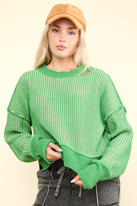 VERY J Exposed Seam Cropped Striped Slit Sweater - 7DAY'S