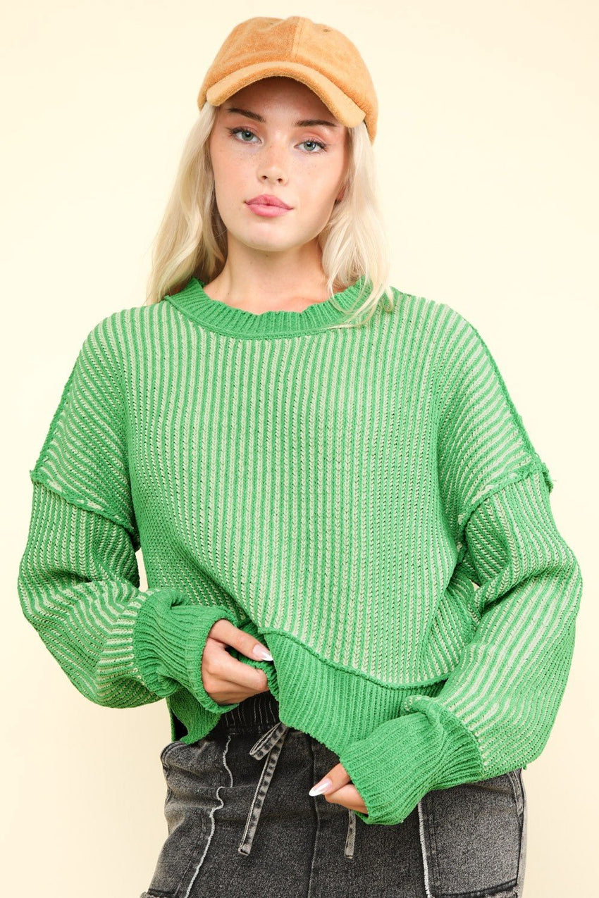 VERY J Exposed Seam Cropped Striped Slit Sweater - 7DAY'S