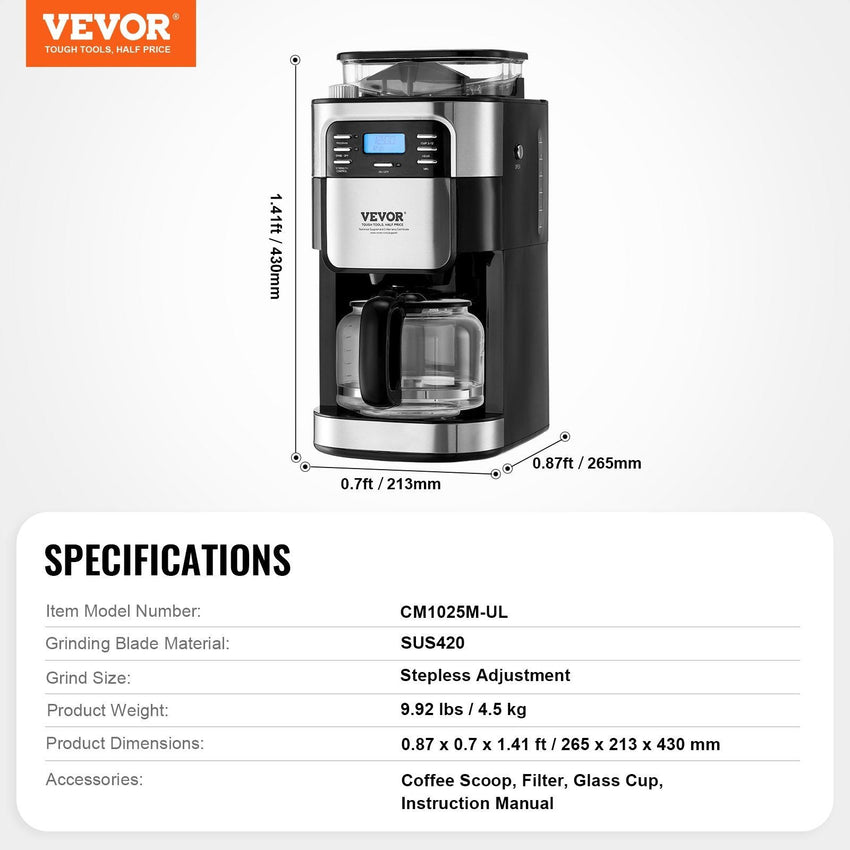 VEVOR 12 - Cup Coffee Maker Drip Coffee Machine with 24 - Hour Timer for Auto Brew - 7DAY'S