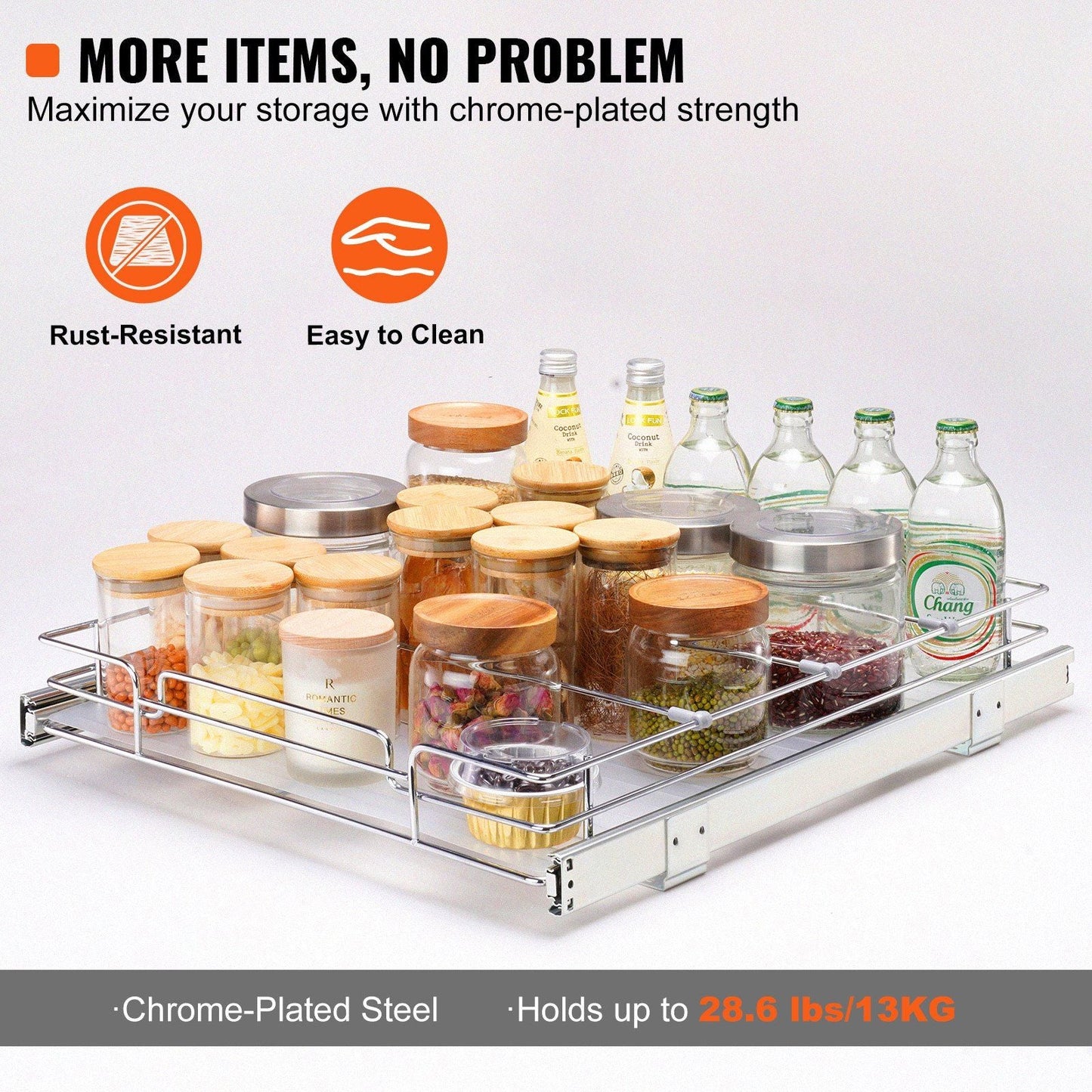 VEVOR 20"W x 21"D Pull Out Cabinet Organizer, Heavy Duty Slide Out Pantry Shelves, Chrome - Plated Steel Roll Out Drawers, Sliding Drawer Storage for Home, Inside Kitchen Cabinet, Bathroom, Under Sink - 7DAY'S