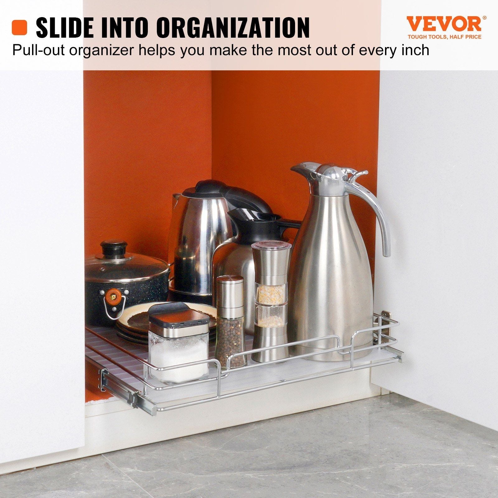 VEVOR 20"W x 21"D Pull Out Cabinet Organizer, Heavy Duty Slide Out Pantry Shelves, Chrome - Plated Steel Roll Out Drawers, Sliding Drawer Storage for Home, Inside Kitchen Cabinet, Bathroom, Under Sink - 7DAY'S