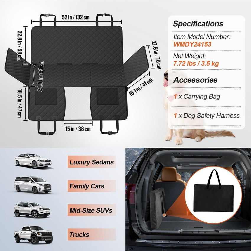 VEVOR 52 x 24.8 in Dog Car Seat Cover for Back Seat Waterproof 600D for Cars - 7DAY'S