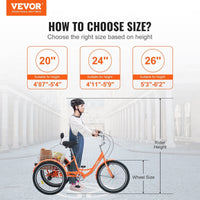 VEVOR Adult Tricycles Bike, 26 Inch Three - Wheeled Bicycles, 3 Wheel Bikes Trikes, Carbon Steel Cruiser Bike with Basket & Adjustable Seat, Picnic Shopping Tricycles for Seniors, Women, Men (Orange) - 7DAY'S