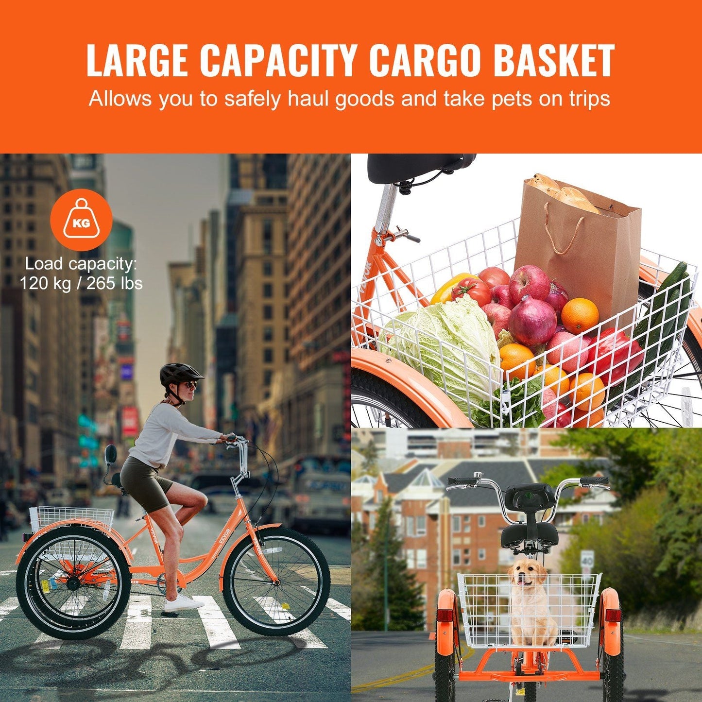 VEVOR Adult Tricycles Bike, 26 Inch Three - Wheeled Bicycles, 3 Wheel Bikes Trikes, Carbon Steel Cruiser Bike with Basket & Adjustable Seat, Picnic Shopping Tricycles for Seniors, Women, Men (Orange) - 7DAY'S