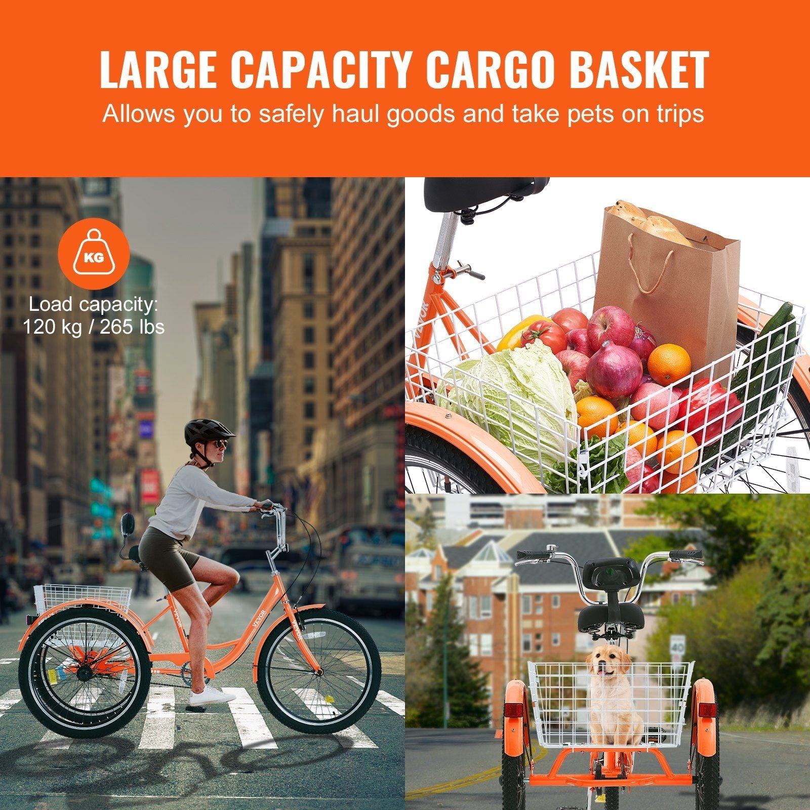 VEVOR Adult Tricycles Bike, 26 Inch Three - Wheeled Bicycles, 3 Wheel Bikes Trikes, Carbon Steel Cruiser Bike with Basket & Adjustable Seat, Picnic Shopping Tricycles for Seniors, Women, Men (Orange) - 7DAY'S