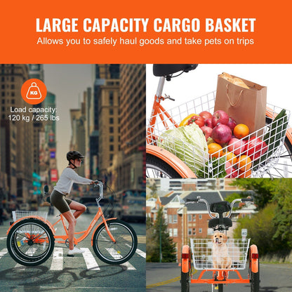 VEVOR Adult Tricycles Bike, 26 Inch Three - Wheeled Bicycles, 3 Wheel Bikes Trikes, Carbon Steel Cruiser Bike with Basket & Adjustable Seat, Picnic Shopping Tricycles for Seniors, Women, Men (Orange) - 7DAY'S