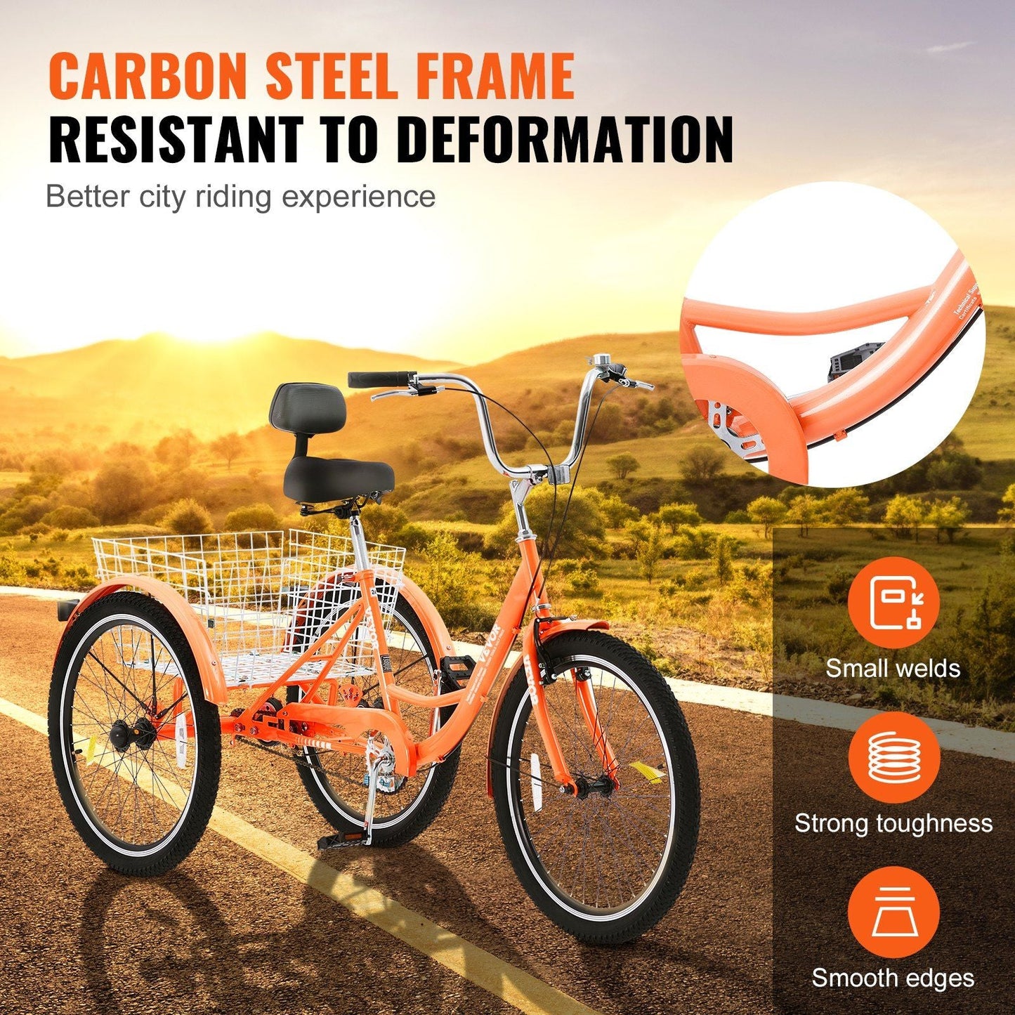 VEVOR Adult Tricycles Bike, 26 Inch Three - Wheeled Bicycles, 3 Wheel Bikes Trikes, Carbon Steel Cruiser Bike with Basket & Adjustable Seat, Picnic Shopping Tricycles for Seniors, Women, Men (Orange) - 7DAY'S